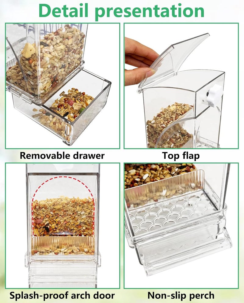 Hamiledyi مغذي طيور أوتوماتيكي شفاف من الأكريليك بدون فوضى لحبوب طيور الببغاء مع قاعدة لملحقات قفص الطيور للباراكيت والكناري والطيور المحبة والبادجي - Image 3